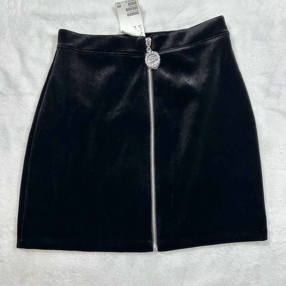 H&M Divided Black Velvet Mini Skirt Size 4 Diamante Front Zip NWT